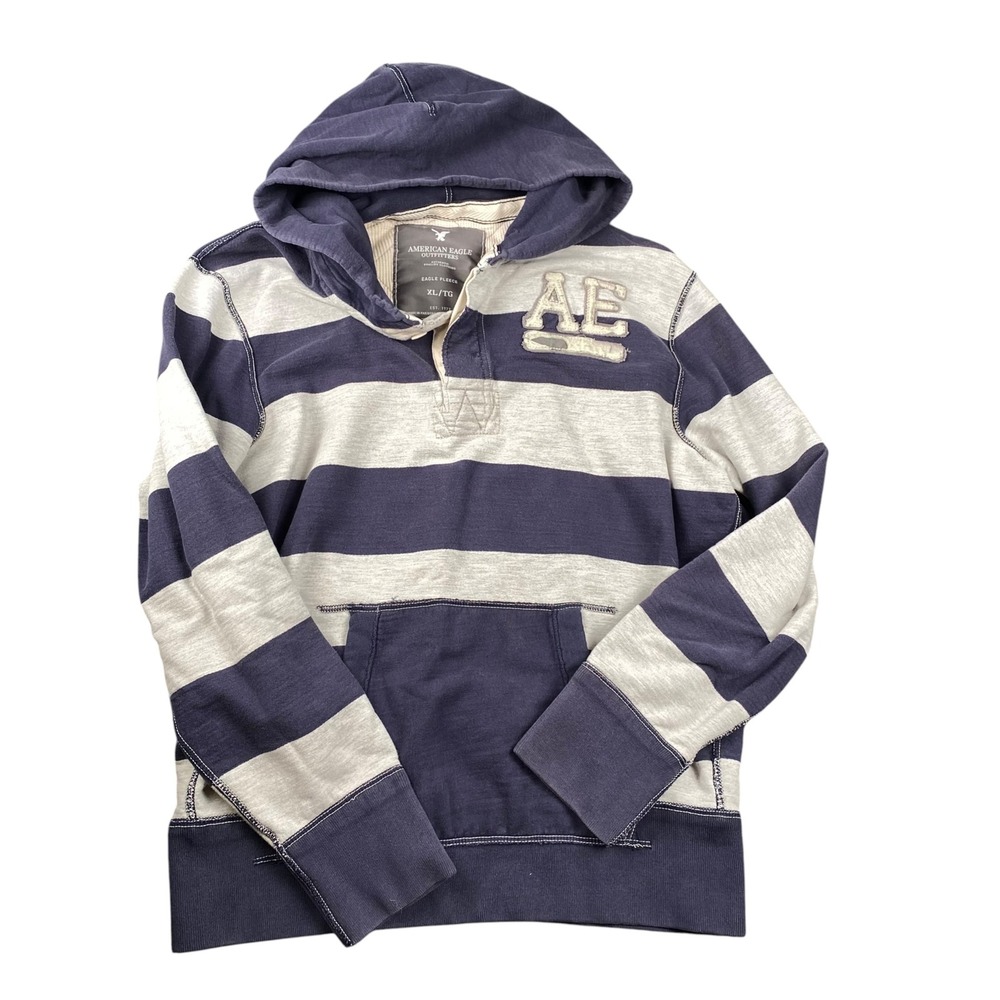 American Eagle Outfitters Mens XL Striped Henley Hoodie Navy Gray Eagle Fleece